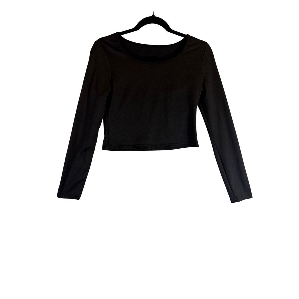 Black Long Sleeve Crop Top Scoop Neck Slim Fit Stretch Shirt Size L